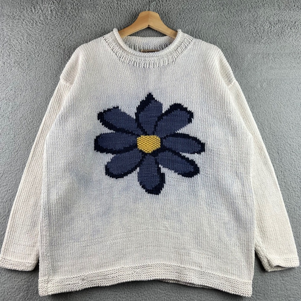 North Wear Vintage Cream Chunky Knit Blue Daisy Flower Sweater Oversized M/L